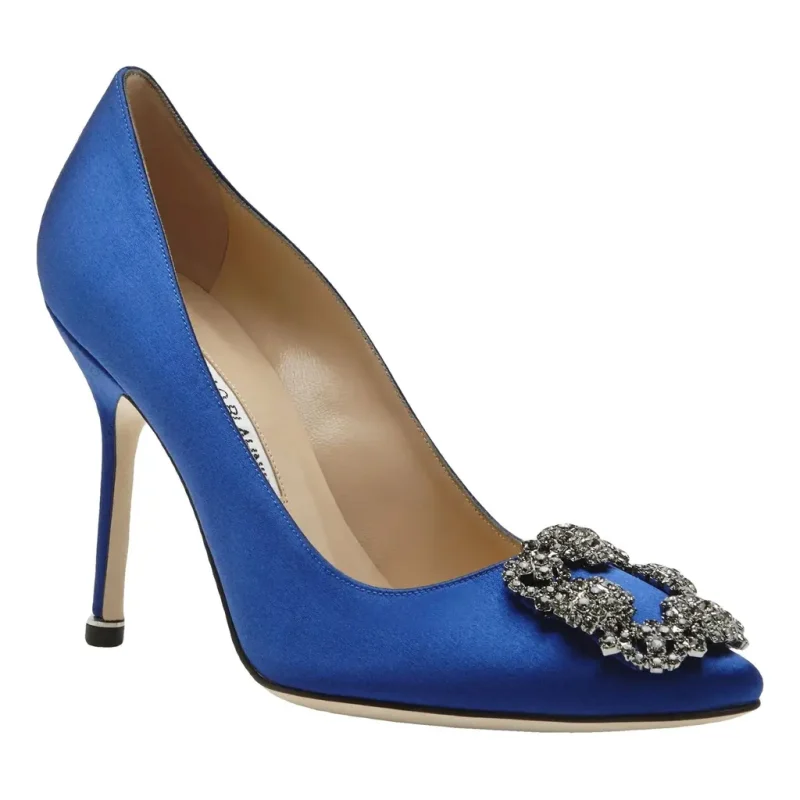 Manolo Blahnik HANGISI  Blue Satin Jewel Buckle Pumps size 40